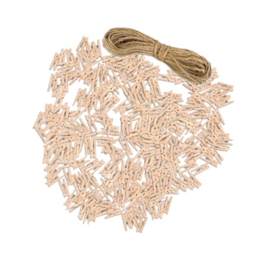 Twine Jute Natural - Mini Wooden Clothes Pins, 200 Pack,